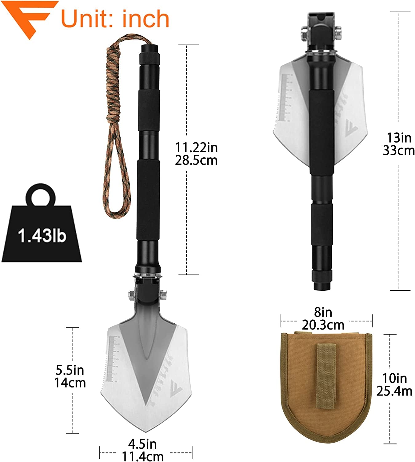 Military Folding Shovel Multitool (C1) - Portable Foldable Survival Tool - Entrenching Backpack Equipment for Hiking Camping Emergency Car - Gifts for Men Dad Husband, Father'S Day