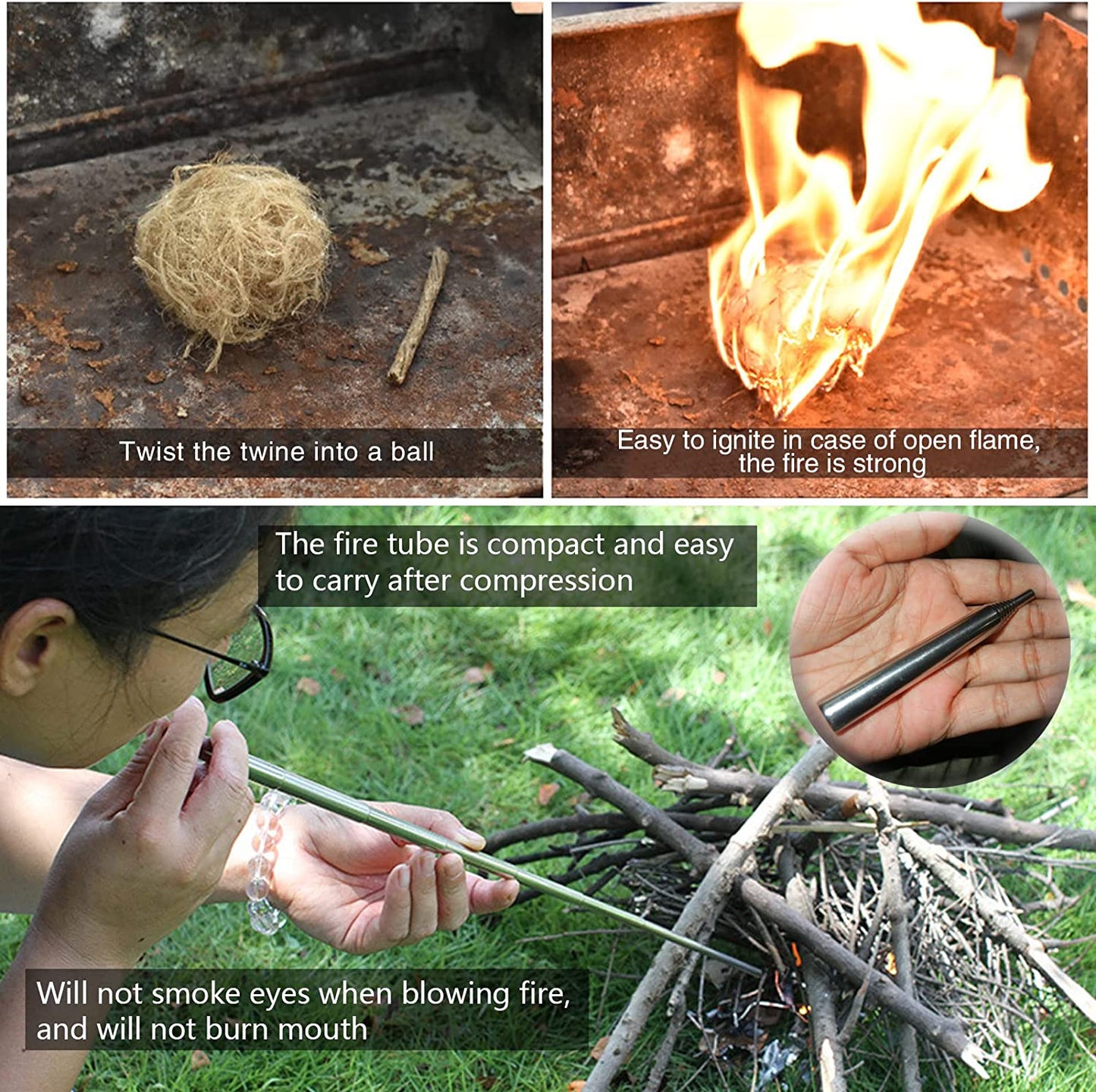 Portable Camping Cooking Kit (Triangle Plate + Chain + Blow Fire Tube + Tinder), a Campfire Picnic Tripod Quickly Built with 3 Branches, the Height of the Chain Hook Can Be Adjusted, and the Combination Set for Hanging a Dutch Stove and Grill