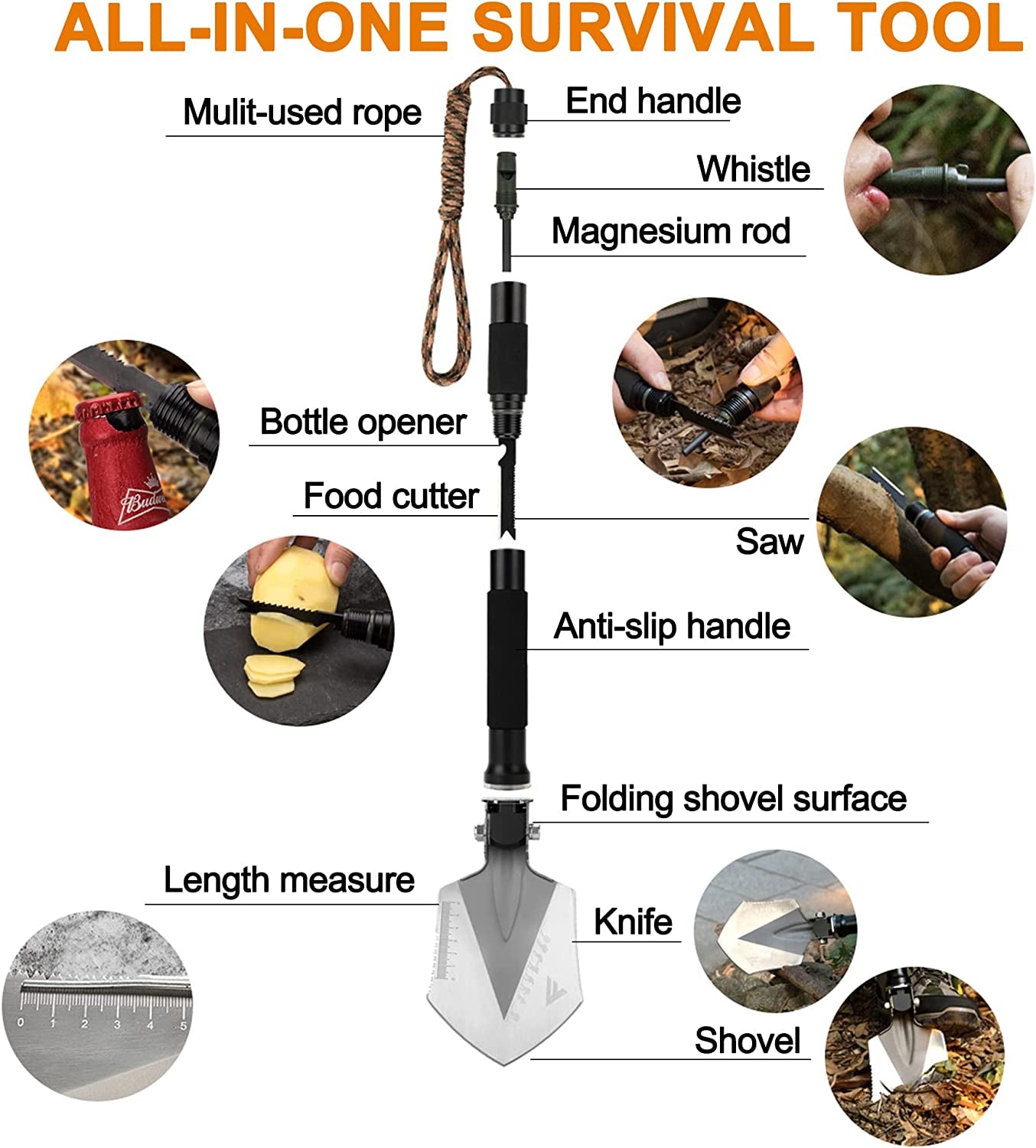 Military Folding Shovel Multitool (C1) - Portable Foldable Survival Tool - Entrenching Backpack Equipment for Hiking Camping Emergency Car - Gifts for Men Dad Husband, Father'S Day