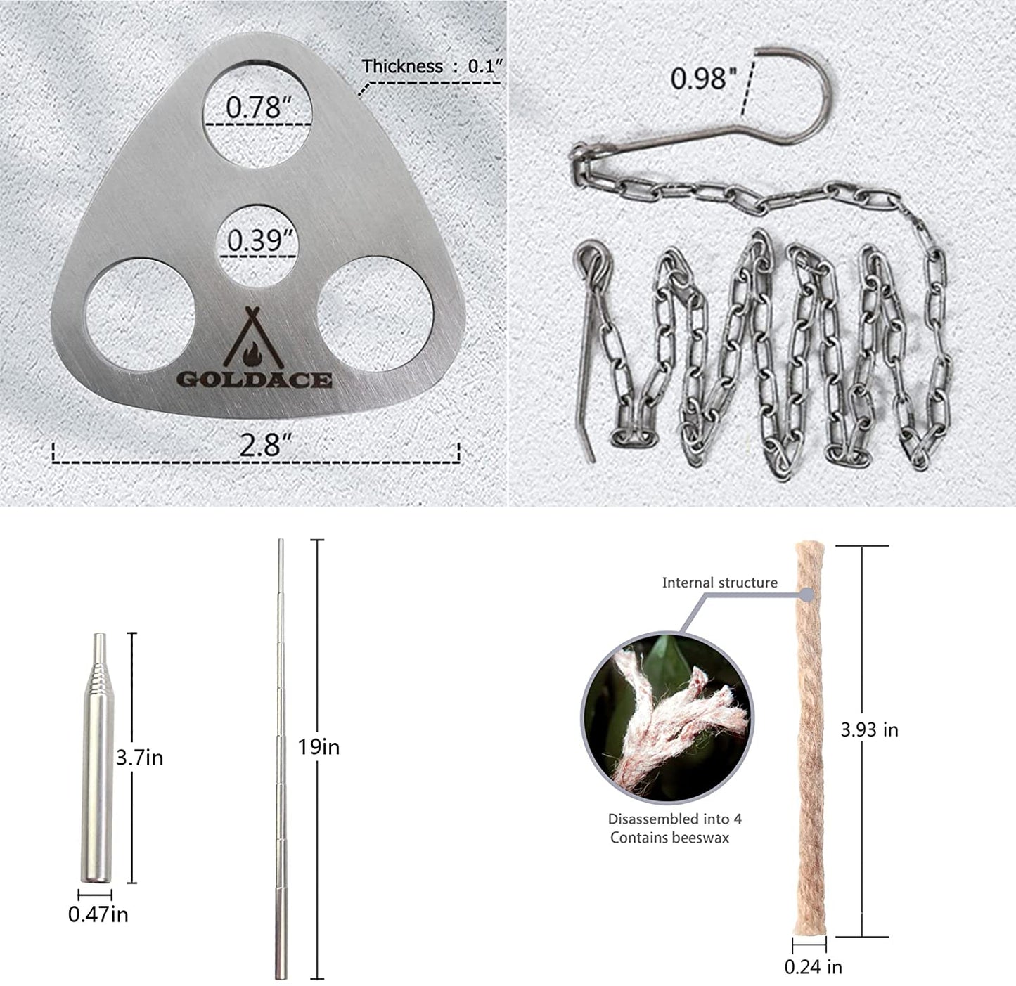 Portable Camping Cooking Kit (Triangle Plate + Chain + Blow Fire Tube + Tinder), a Campfire Picnic Tripod Quickly Built with 3 Branches, the Height of the Chain Hook Can Be Adjusted, and the Combination Set for Hanging a Dutch Stove and Grill