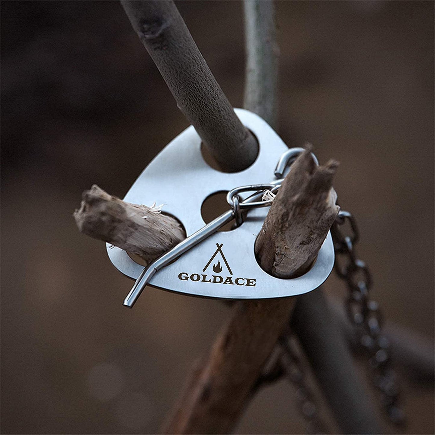 Portable Camping Cooking Kit (Triangle Plate + Chain + Blow Fire Tube + Tinder), a Campfire Picnic Tripod Quickly Built with 3 Branches, the Height of the Chain Hook Can Be Adjusted, and the Combination Set for Hanging a Dutch Stove and Grill