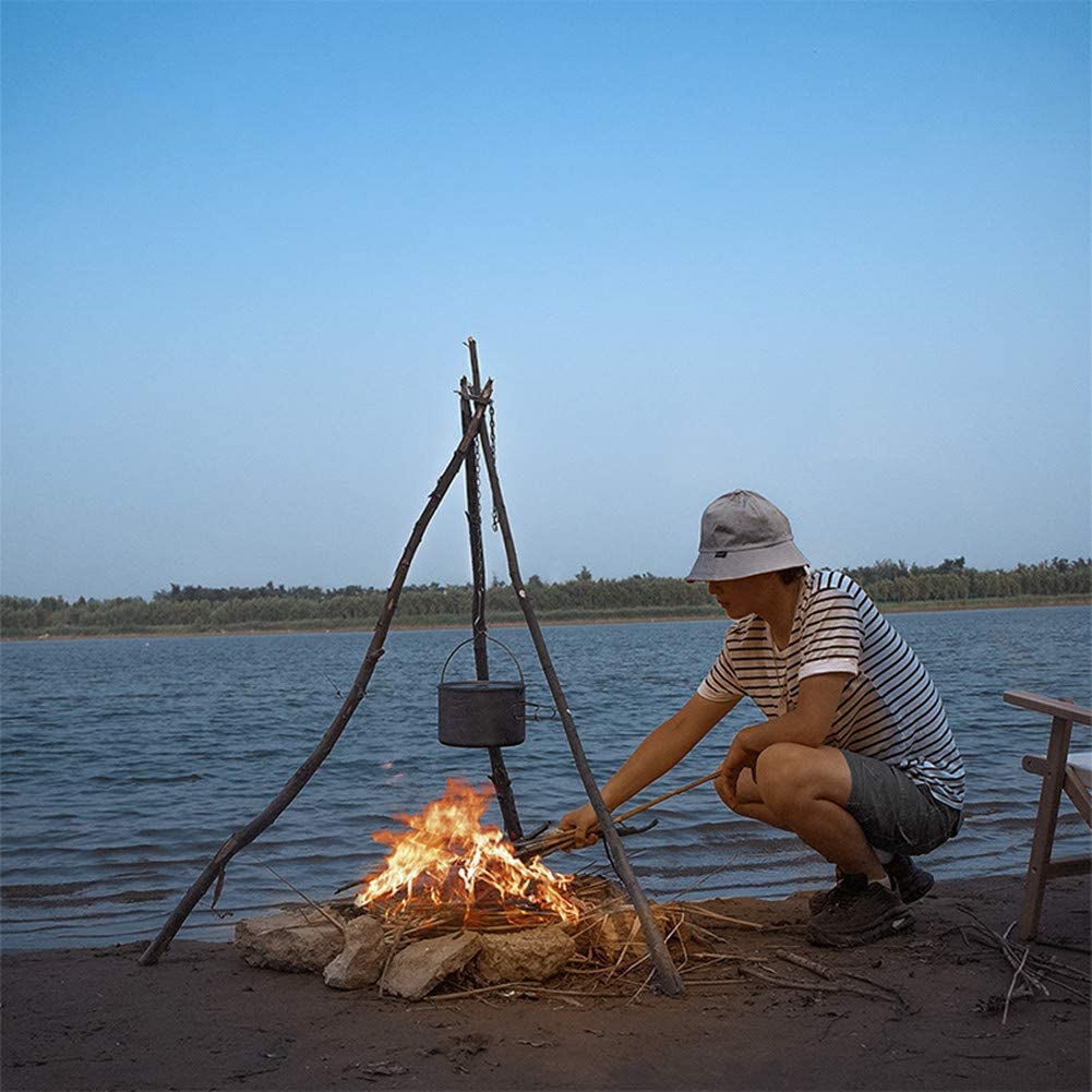 Portable Camping Cooking Kit (Triangle Plate + Chain + Blow Fire Tube + Tinder), a Campfire Picnic Tripod Quickly Built with 3 Branches, the Height of the Chain Hook Can Be Adjusted, and the Combination Set for Hanging a Dutch Stove and Grill