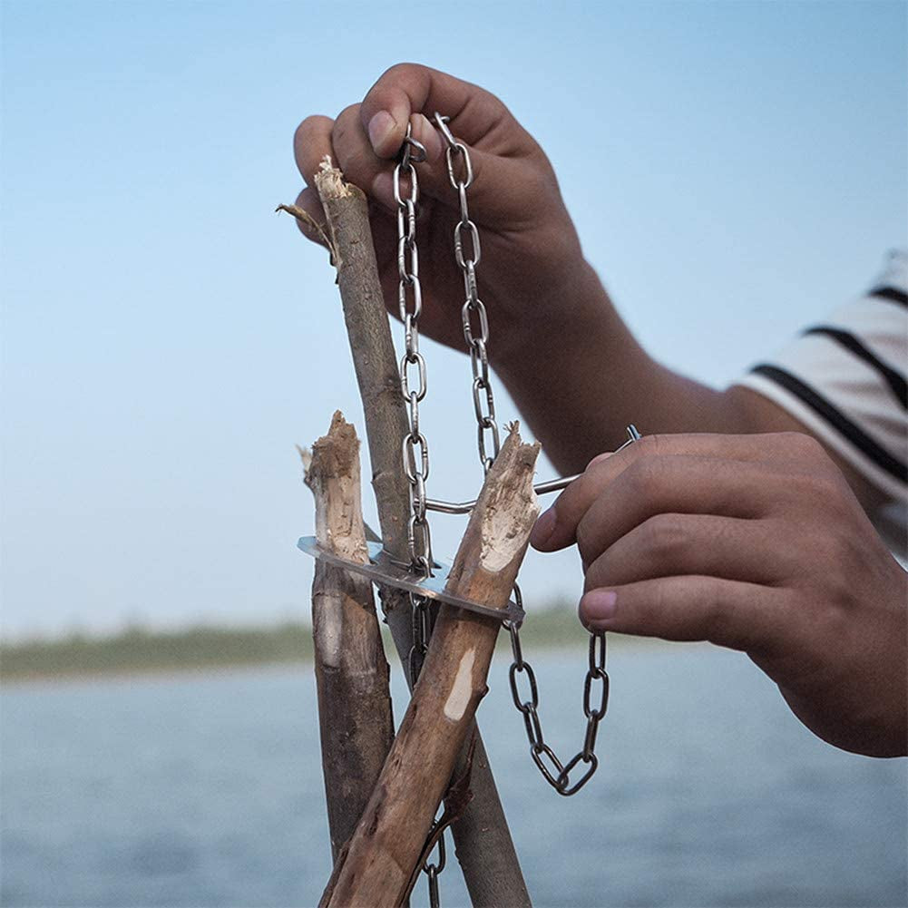 Portable Camping Cooking Kit (Triangle Plate + Chain + Blow Fire Tube + Tinder), a Campfire Picnic Tripod Quickly Built with 3 Branches, the Height of the Chain Hook Can Be Adjusted, and the Combination Set for Hanging a Dutch Stove and Grill