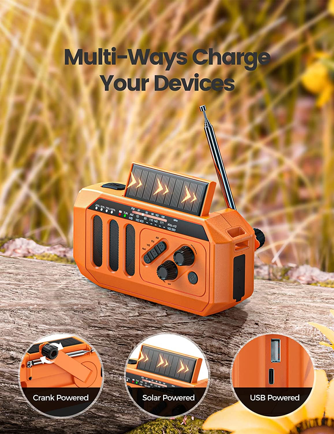 5000Mah Hand Crank Solar Emergency Radio, 3W LED Flashlight/Reading Lamp Weather Radio, NOAA/AM/FM Portable Radio Indoor and Outdoor, SOS Alarm and Phone Charge, Survival Gear for Hurricane