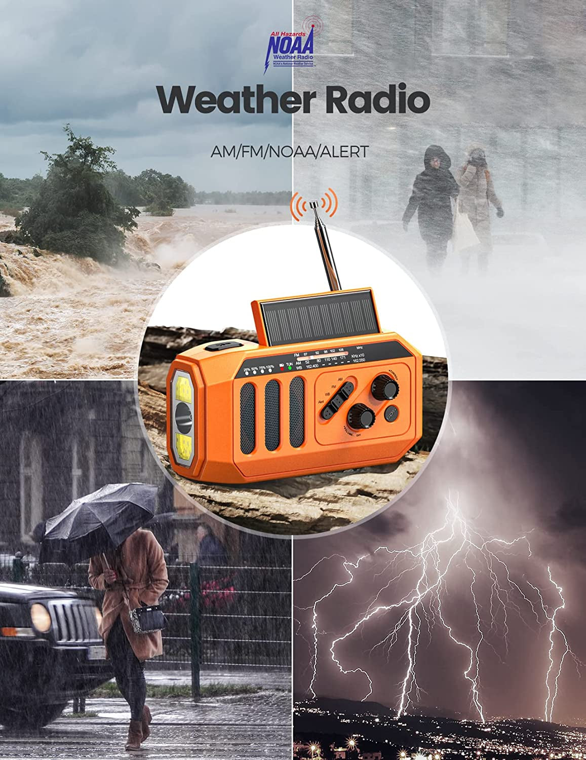 5000Mah Hand Crank Solar Emergency Radio, 3W LED Flashlight/Reading Lamp Weather Radio, NOAA/AM/FM Portable Radio Indoor and Outdoor, SOS Alarm and Phone Charge, Survival Gear for Hurricane