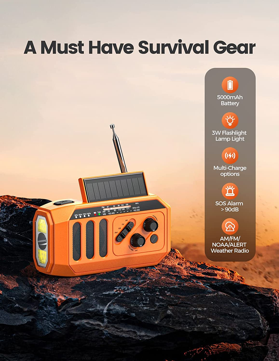 5000Mah Hand Crank Solar Emergency Radio, 3W LED Flashlight/Reading Lamp Weather Radio, NOAA/AM/FM Portable Radio Indoor and Outdoor, SOS Alarm and Phone Charge, Survival Gear for Hurricane