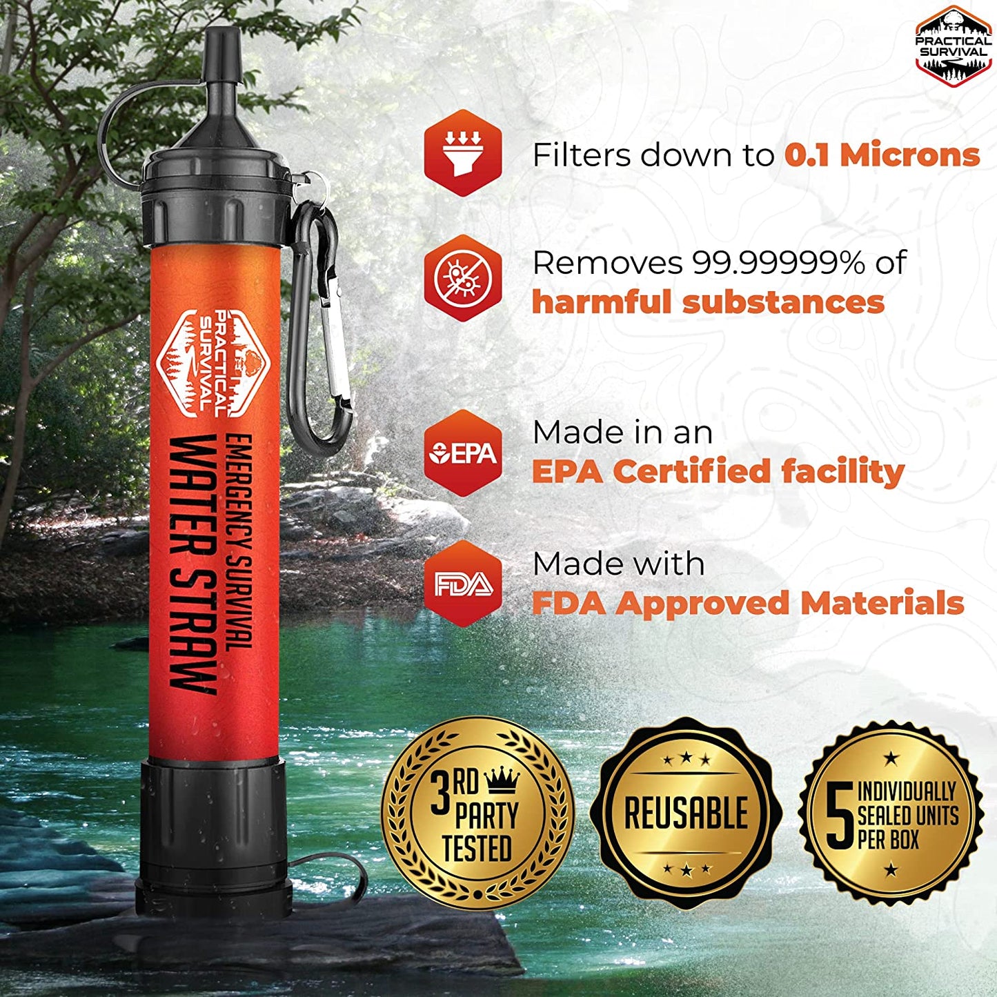 5 High Capacity Emergency Survival Water Straws - Personal Water Filter for Camping, Hiking, Travel, Biking, Survival, Emergency Preparedness, Lightweight, Reusable and with No Expiration Date.