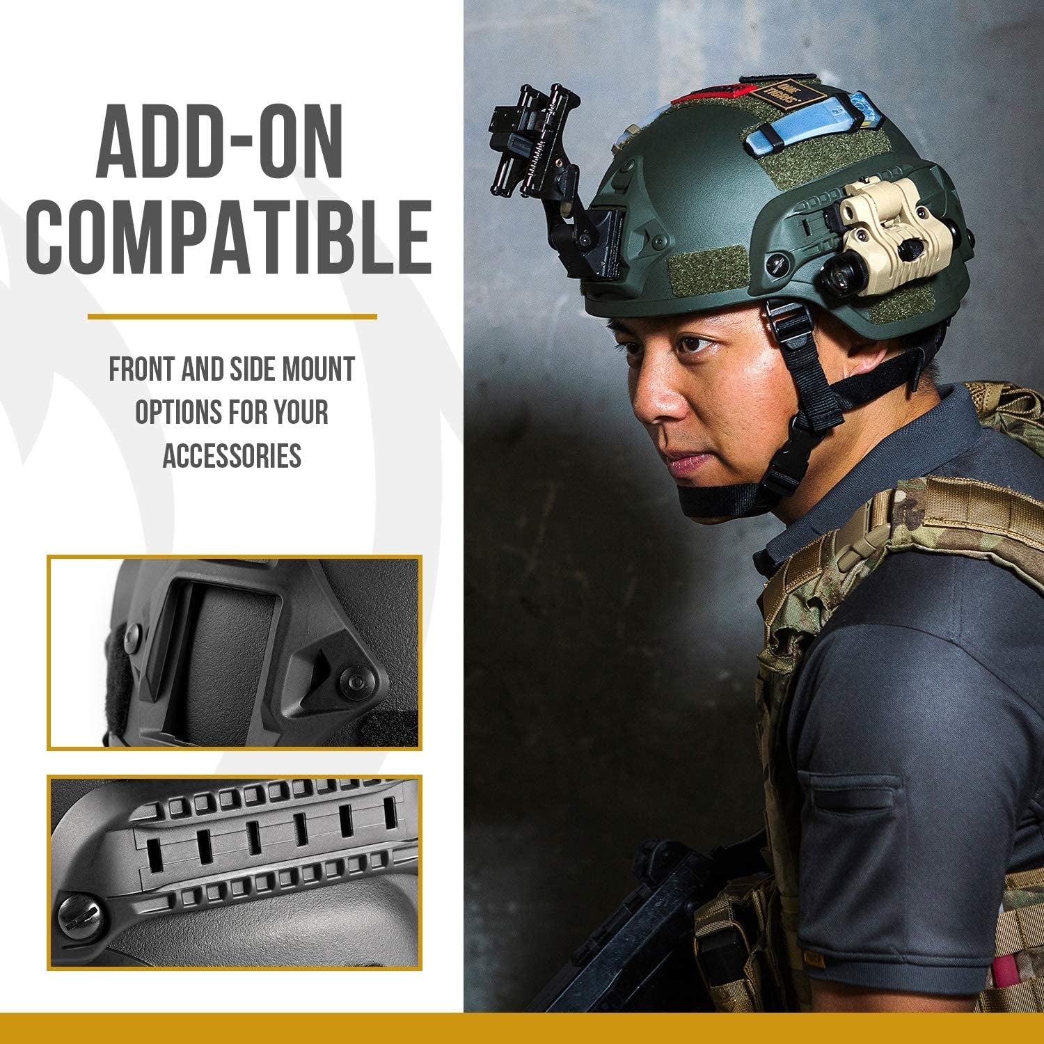 Adjustable ACH Tactical Helmet with Ear Protection, Front NVG Mount and Side Rail