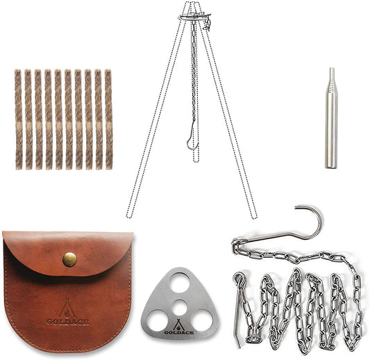 Portable Camping Cooking Kit (Triangle Plate + Chain + Blow Fire Tube + Tinder), a Campfire Picnic Tripod Quickly Built with 3 Branches, the Height of the Chain Hook Can Be Adjusted, and the Combination Set for Hanging a Dutch Stove and Grill